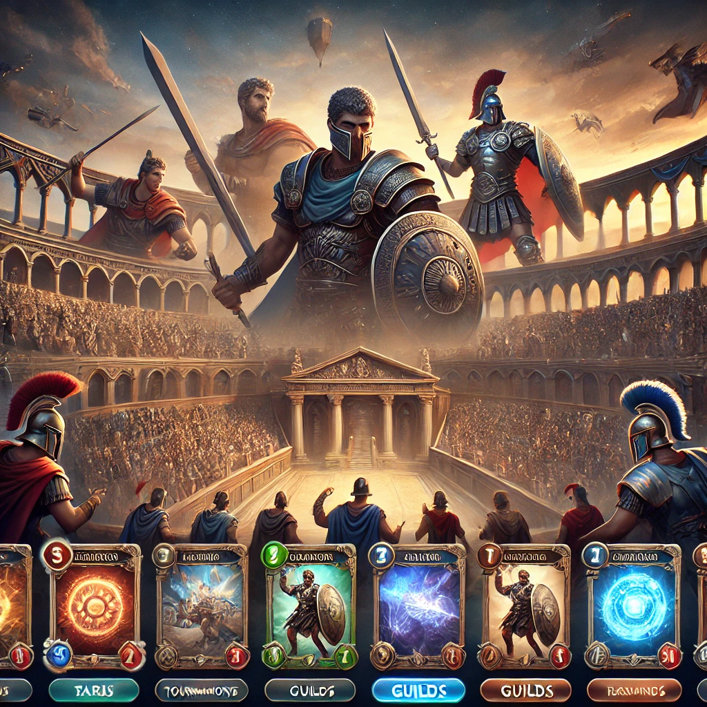 Illustration of Gladiators Battle online card game interface, showcasing a Roman arena filled with armored gladiators in action. Legendary card designs, weapon visuals, and game elements such as tournament, guild, and ranking icons are highlighted, evoking the intense and grand atmosphere of ancient Rome. The interface captures gameplay features like deck-building and a leaderboard in a visually dynamic scene